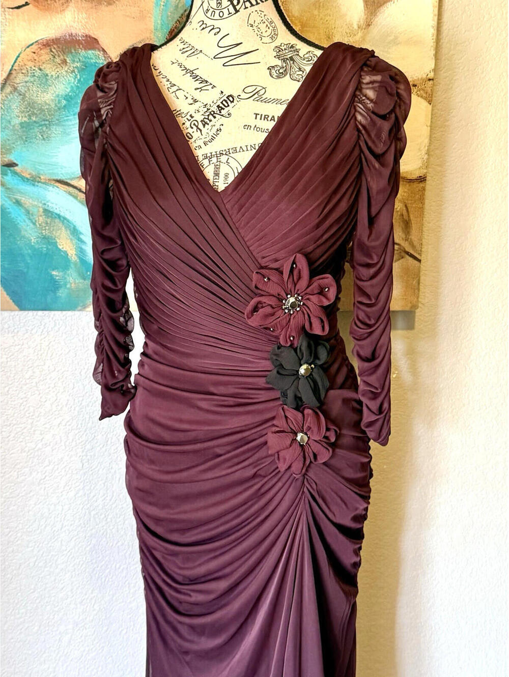 Adrianna Papell Purple Beaded Mesh Ruched Waist Evening Gown Women’s Size 4 - Picture 4 of 16
